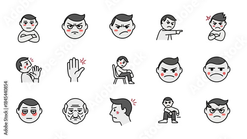 Grumpy cartoon people and Chinese character icon set in playful poses and styles