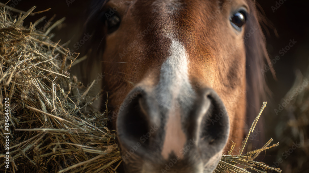 Fototapeta premium Brown horse eating hay in stable close-up