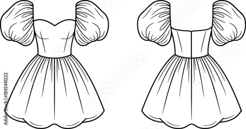 Cute puff sleeve mini dress fashion illustration, front and back view with fitted bodice, short skirt, minimalist line art vector