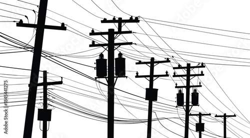 Urban electricity distribution poles and tangled power lines silhouette industrial utility infrastructure isolated on white background energy network concept
