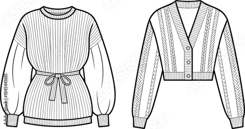 Women knitted sweater and cardigan fashion technical drawing set showing front views cozy apparel outline vector illustration