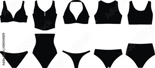 Women swimwear and lingerie set silhouettes collection vector illustration showing various bikini bra and panty styles for fashion design use