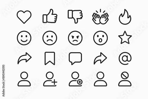 Collection of simple line icons including emotions and actions