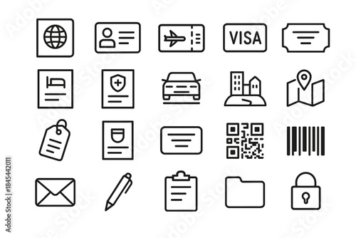Essential travel icons: passport, ticket, visa, accommodation, navigation tools