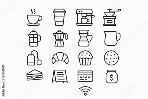 Coffee and bakery icons: line art of cups, teapots, and pastries