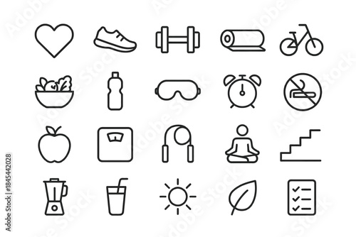 Fitness icons: heart, bicycle, yoga, healthy lifestyle symbols