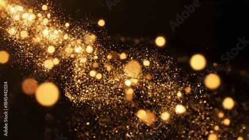 Abstract golden glitter particle stream flowing diagonally across a dark black background with beautiful bokeh light effect