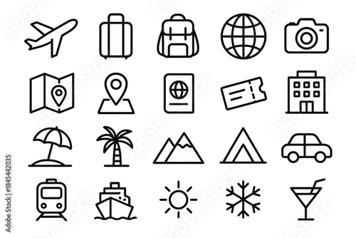 Travel icons set: transportation, accommodation, weather, adventure