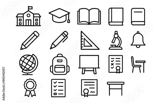 Educational icons collection: school, learning, academic tools and supplies