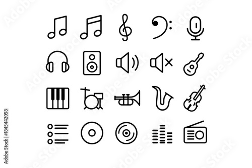 Minimalist music icons set featuring instruments and audio equipment