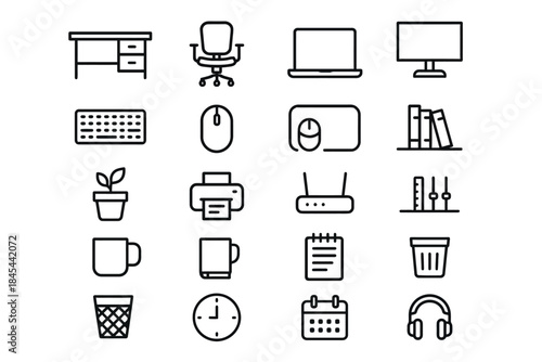 Minimalist office icon set featuring desk, chair, computer, and accessories