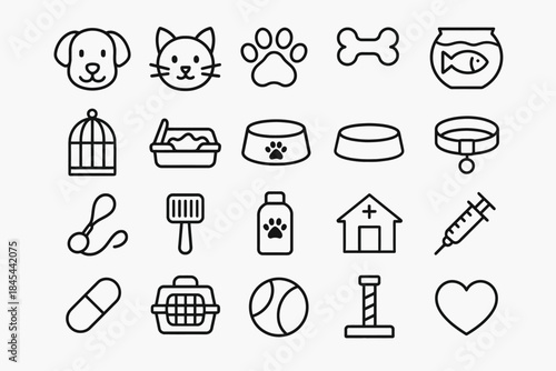 Pet care icons: dog, cat, paw, bone, aquarium, birdcage, litter, food bowl