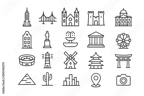 Collection of iconic landmarks and architectural monuments drawn in minimalist line art
