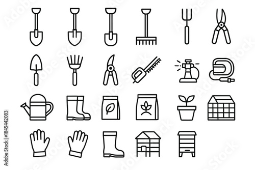 Simple garden tool icons: shovel, rake, shears, gloves, watering can, plant