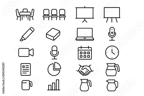 Office and presentation icon set: meeting, technology, and communication symbols