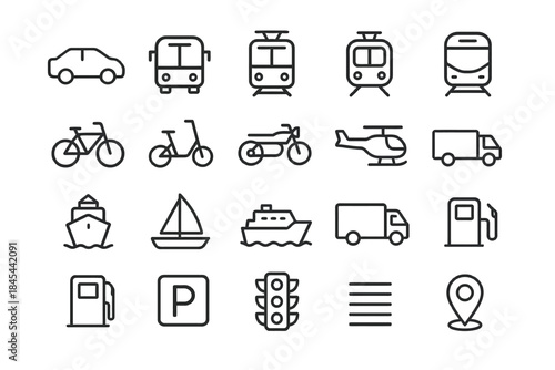 Simple transportation icons: car, bicycle, bus, tram, ship, fuel station, parking, map pin