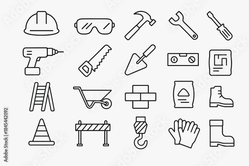 Construction tools and safety equipment line icons set with hard hat and gloves