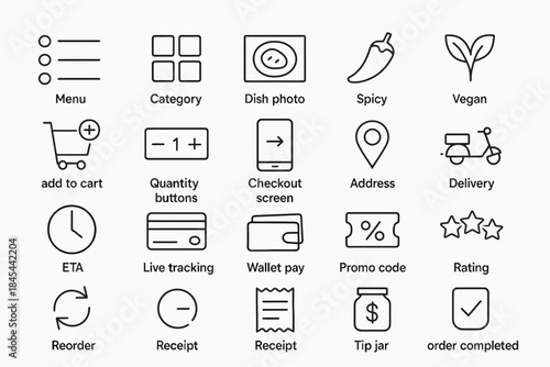 Menu and delivery icons for e-commerce applications