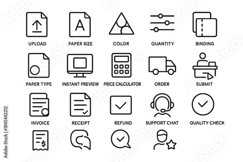 Icon set for office tasks: upload, paper size, color, quantity, binding