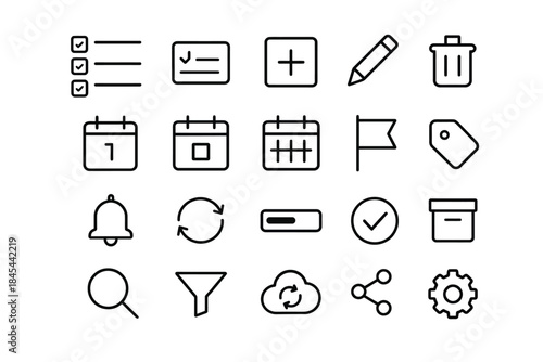 Minimalist black and white icons for task management and organization