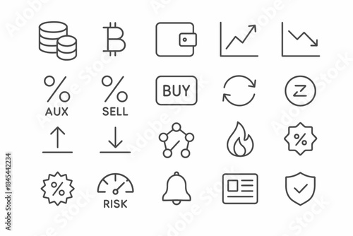 Financial and cryptocurrency icons set including charts and wallet