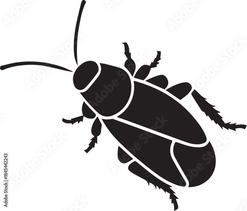 Minimal silhouette style vector cockroach logo design featuring clean black shapes, simple insect form, bold minimalist line art, modern branding icon ideal for pest control services, awareness graphi