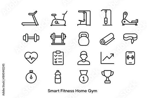 Smart fitness home gym icons: equipment, health, and training symbols