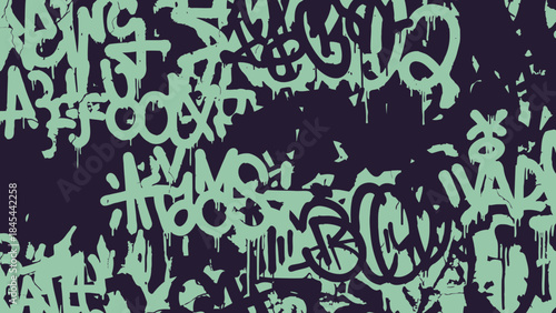 Graffiti Tags Seamless Pattern, Mint Green Drips on Dark Purple Urban Wall Background