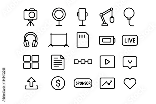 Digital media icon set with camera, microphone, and headphones