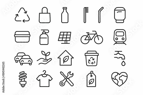 Sustainable icons: recycling, eco-friendly, energy-efficient solutions, renewable resources, conservation
