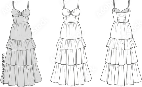 Women tiered maxi dress fashion technical flat vector illustration front side back views with straps ruffles apparel design production templates