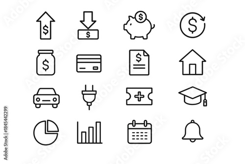 Finance icons: savings, payments, investments, budgeting, growth symbols