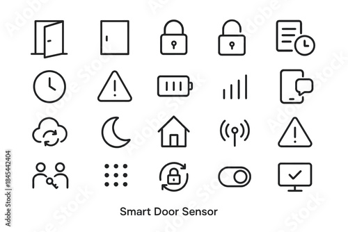 Smart door sensor icons with security, connectivity, and monitoring symbols