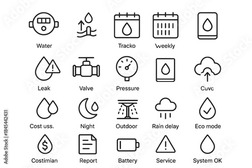 Water system icons: leak, valve, pressure, service, battery