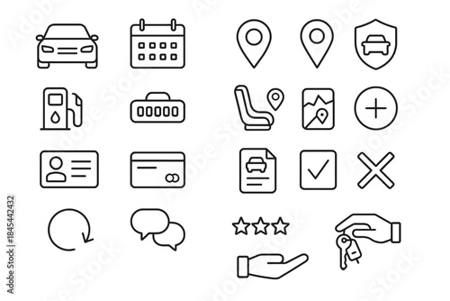 Car rental icons: vehicle, calendar, location, protection, fuel, seat, map, add, id, card, document, feedback, rating, key exchange