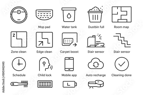 Smart vacuum icons: mop pad, water tank, dustbin, sensors, mobile app, schedule
