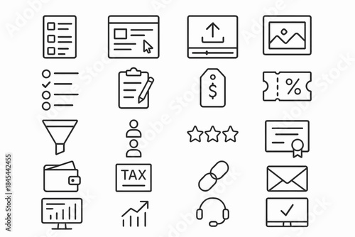 Set of business icons: checklist, tax, wallet, graph, certification