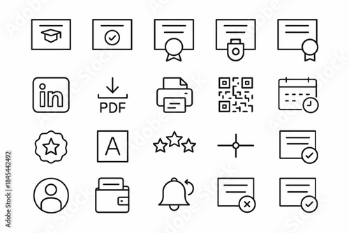 Simple line icons: certificates, linkedin, pdf, printing, qr code, calendar, notification