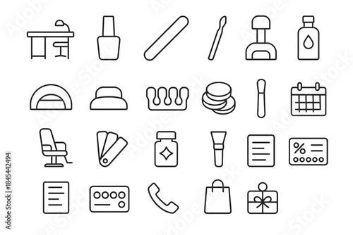 Essentials of a professional nail salon: icons of tools and products for manicures and pedicures