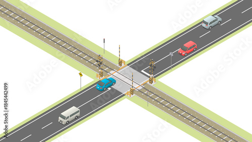 アイソメトリック図法で描いた開いている踏切のイメージA / Japanese railroad crossing. Isometric illustration
