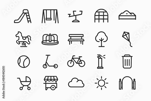 Playground icons set: slide, swing, merry-go-round, kite, bench, bicycle, stroller, cloud, sun