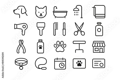 Pet grooming icons: dog, cat, bath, shower, towel, tools, care
