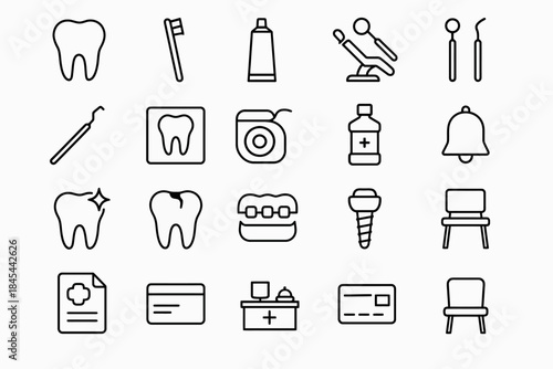 Dental care icons: toothbrush, toothpaste, chair, tools, floss, mouthwash, dental chart