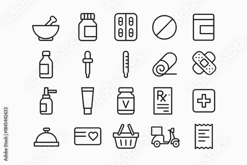 Medical and pharmaceutical line icons including medicine, pills, and health tools