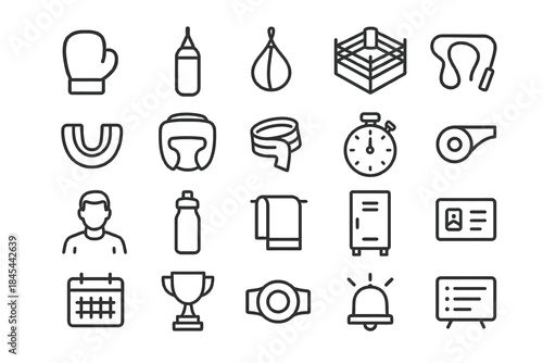Boxing equipment and training icons: gloves, ring, timer, male figure
