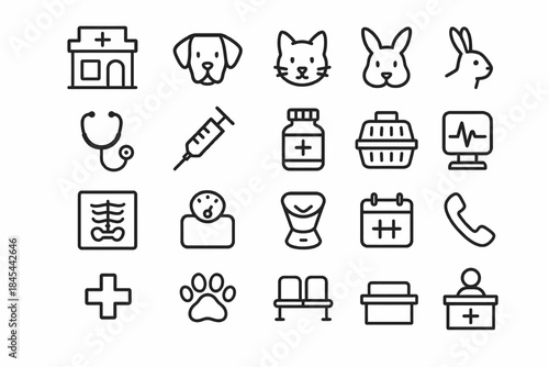 Veterinary clinic icons collection featuring animals and medical equipment