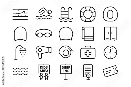 Swimming pool essentials icons set with line art design
