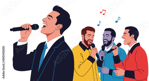 A group of men singing into microphones with musical notes floating above them.