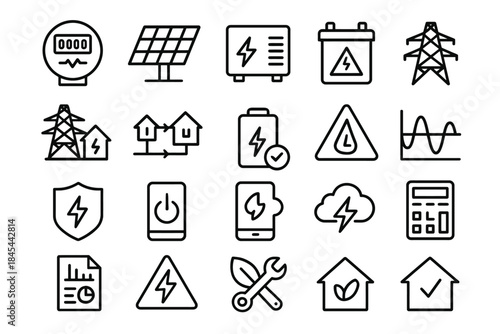 Energy and power icons: solar panels, batteries, power lines, and more
