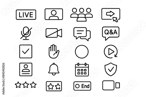 Live streaming interface icons set: video, audio, chat, q&a, calendar, security, and more